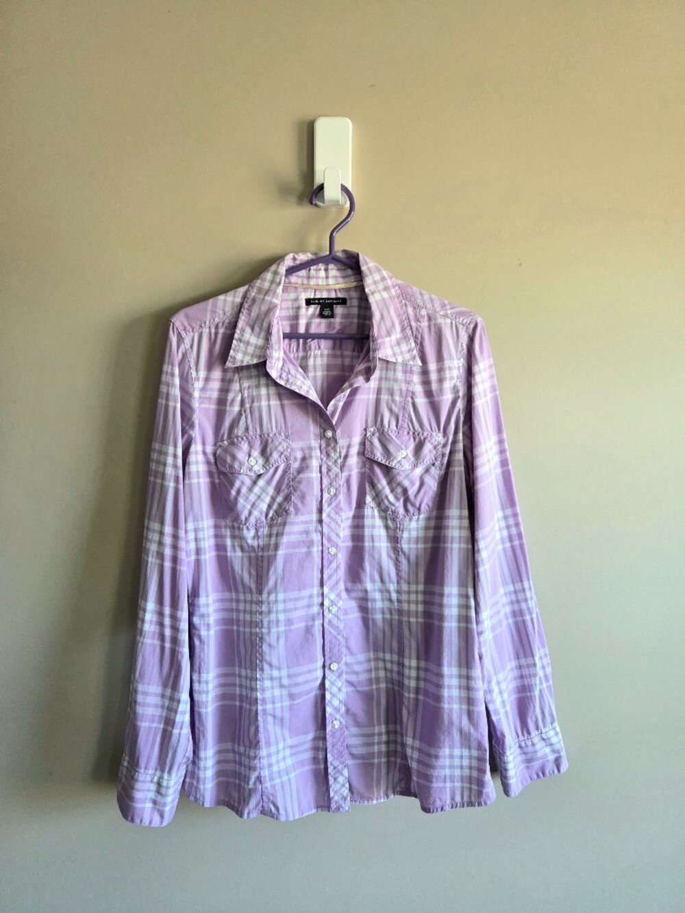 Banana Republic 100% Cotton Purple and White Plaid Long Sleeve Shirt